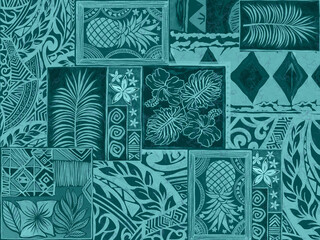 Aloha hawaii rainforest beach   tropical Polynesian digital clipart  pattern, tiki, aztec textile print, geometric background © HoyaBouquet