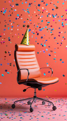 A serious office chair wearing a tiny party hat, confetti falling around it