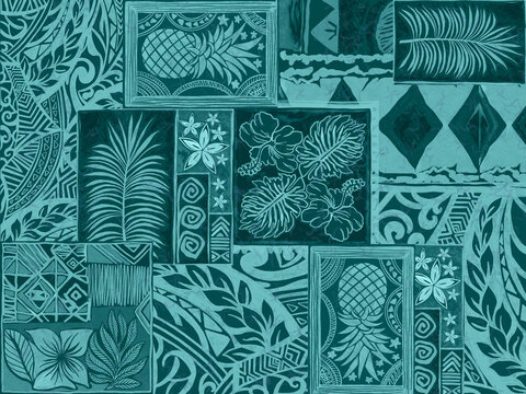 Fototapeta Aloha hawaii rainforest beach   tropical Polynesian digital clipart  pattern, tiki, aztec textile print, geometric background