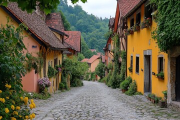 Charming cobblestone alley with colorful houses in quiet European village