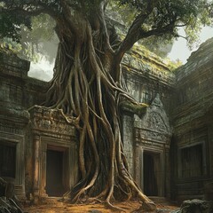 Fototapeta premium An ancient banyan tree intertwined with ruins, mystical atmosphere and subtle lighting
