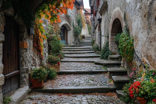 Old stone staircase between walls decorated with flowers in narrow alley - Powered by Adobe