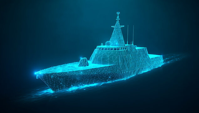 Futuristic Warship Digital Art: A Low-Poly Frigate Sailing Through the Night