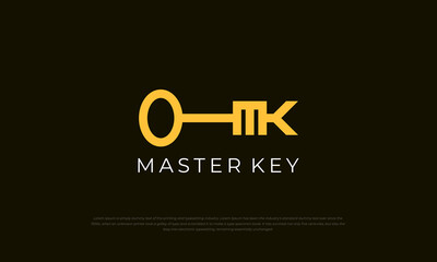 abstract pictogram KEY combined with monogram letter M and K in yellow gold color.