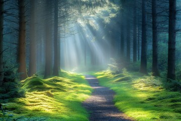 Sunlight rays shining through green forest in magical morning light