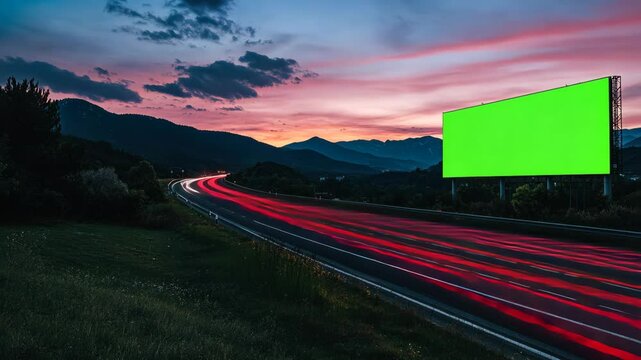 Night Highway with Green Screen Billboard and Twilight Sky
