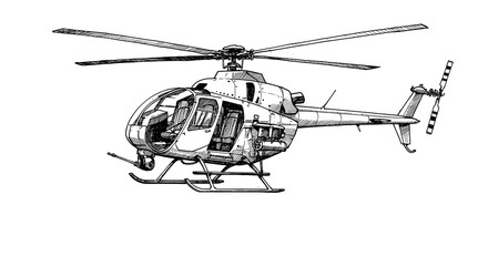 Helicopter Flying in Sketch Style - Detailed Drawing on White