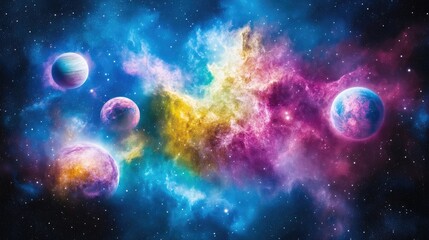 A vibrant nebula dominates the image, showcasing swirling hues of pink, purple, and yellow. Several planets of varying sizes are scattered throughout. The composition is balanced, with a high resolut