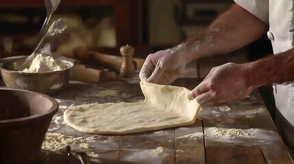 A man is making a pizza dough on a wooden table