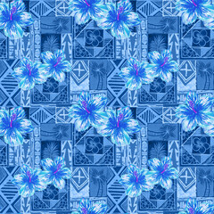 Aloha hibiscus flower Hawaiian tropical exotic Polynesian pattern, tiki, aztec textile print, geometric background © HoyaBouquet