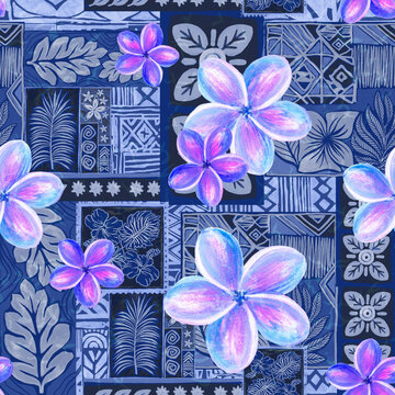 Fototapeta Aloha Plumeria Frangipani flower Hawaiian tropical exotic Polynesian pattern, tiki, aztec textile print, geometric background