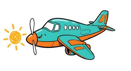 Cartoon airplane flying in the bright sunshine with happy face