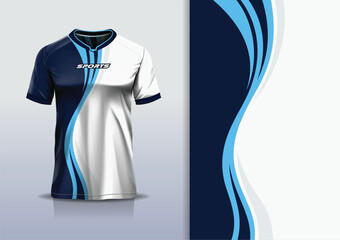 T-shirt mockup abstract curve line sport jersey design for football, soccer, racing, esports, running, in blue navy color  © Nimpuna O