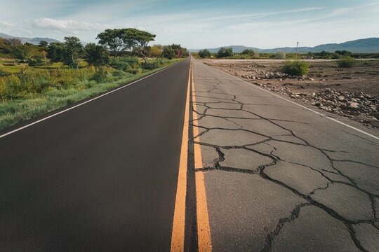 split road with old crack and new clean part. Infrastructure damage contrast
