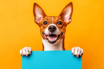 Studio concept for mascot. Isolated pup on a solid dress code bright orange background. Blank sign for creature. &ETH;&iexcl;ute dog basenji hold in front paws a design draft - large blue road sign.
