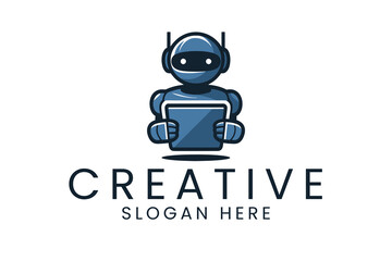 Creative Robot Holding Tablet Digital Design Logo icon blue tech data smart     
