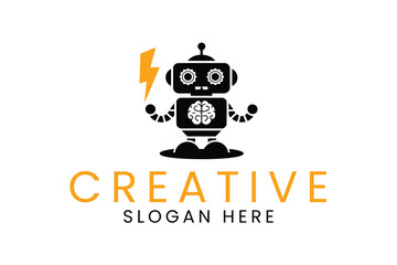 Powerful Creative Robot Logo Design Idea Concept icon tech gear flat cute brain 