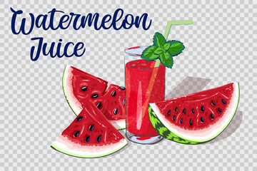 Vector illustration of watermelon juice with handwritten calligraphy text. Isolated fruit slices and glass with mint on transparent background. Editable for design and print