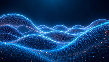 Digital Abstract 3D Wave Structure with Glowing Mesh Lines in Deep Space Blue – Futuristic Sci-Fi Wallpaper