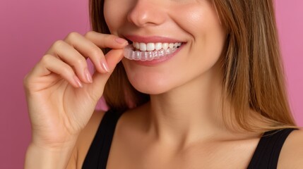 Fototapeta premium Smiling Woman Holding Clear Dental Aligners with Pink Background for Cosmetic Dentistry and Oral Care