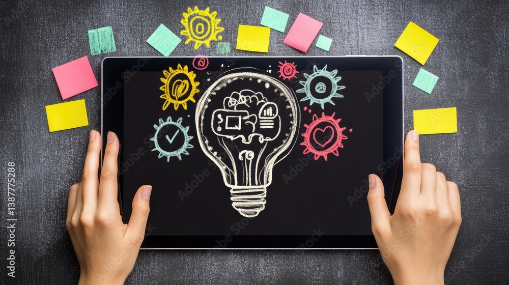 Aufkleber flat lay of digital tablet with content strategy mind map and colorful sticky notes on a desk
