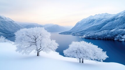 Snowy, frosted trees by a serene lake, mountains in background