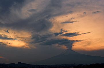 Popocatepetl and Iztaccíhuatl volcanic landscape with fluffy clouds. Izta-Popo Zoquiapan National Park