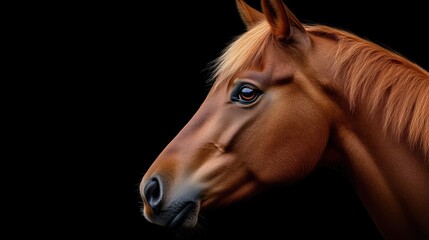 Fototapeta premium Close-up profile of a reddish-brown horse. Detailed illustration of the head and neck against a dark background, showcasing the horse's rich coat and expressive eyes