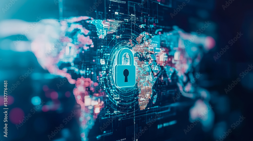 Poster global cyber security: digital world map with lock for online protection and data privacy concept