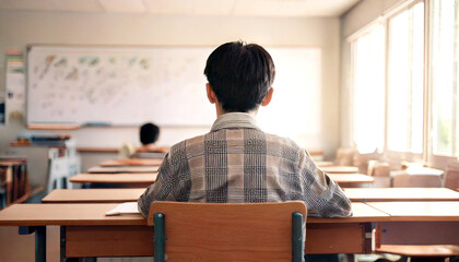 私服で教室で勉強する男子高校生の後姿,generative ai_ワイド
