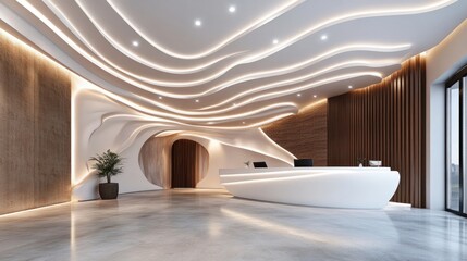 Modern reception area with flowing ceiling design. Possible use Commercial Interior Design Stock Photo