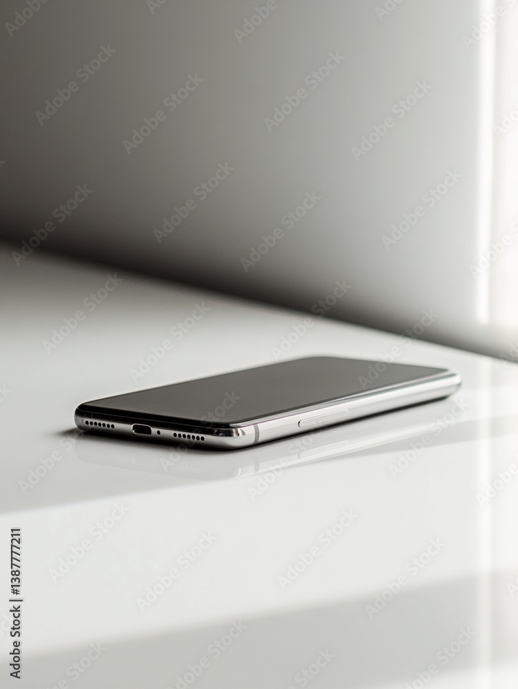 Leinwandbilder Modern smartphone displayed on a clean surface under soft diffused lighting showcasing minimalist design and technology aesthetics in a serene setting