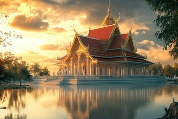 Naklejka premium Magnificent temple reflecting in serene water at sunset in a tranquil landscape