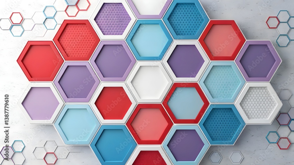 Poster a vibrant honeycomb of colorful hexagons, each with unique texture, creating a dynamic and energetic