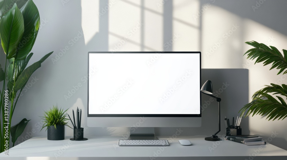 Poster sleek desktop monitor in a minimalistic workspace with soft shadows and professional design elements