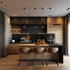 Contemporary Kitchen Design: An immaculate modern kitchen with sleek wooden cabinetry and state-of-the-art appliances, illuminated by elegant pendant lighting.