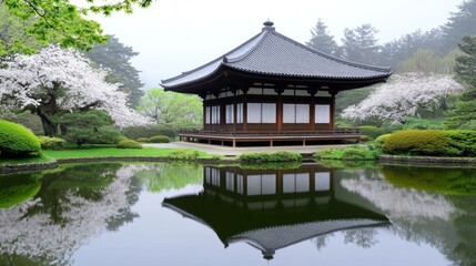 A peaceful Japanese Zen temple surrounded by cherry blossoms in full bloom