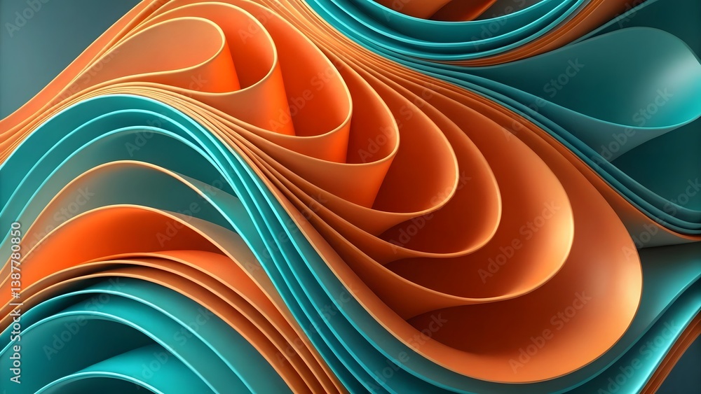 Poster fluid teal and burnt orange layers creating a mesmerizing abstract dance of flowing curves and shape