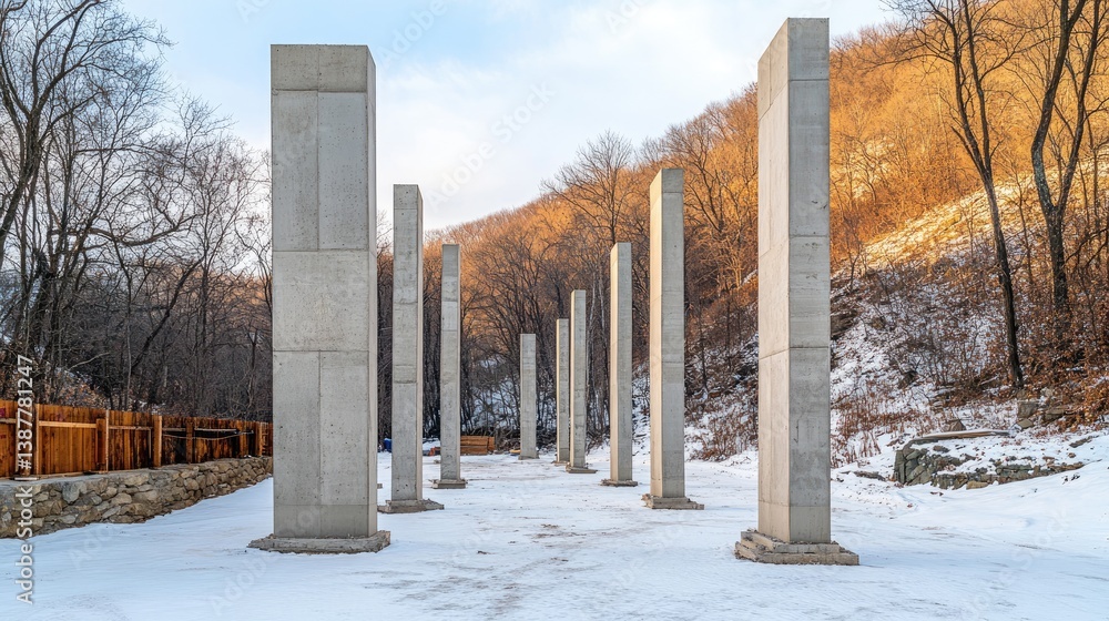 Poster precast concrete columns arranged in rows at site staging area