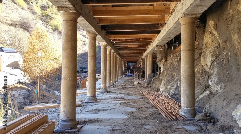 Poster reinforced concrete columns in progress with visible rebar and temporary wooden supports