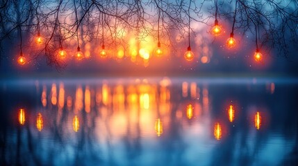 Naklejka premium Warm sunset over a lake, illuminated by string lights