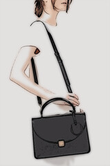 Young woman holding a black handbag with a structured design and a single clasp closure. She wears a white short-sleeve shirt. The bag has both a handle and a shoulder strap, suggesting versatility. 