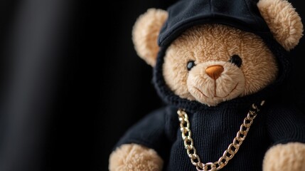 Gangster Teddy Bear in Cap with Chain, a whimsical illustration featuring a playful teddy bear embodying a tough persona against a sleek black backdrop, perfect for fun designs.