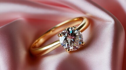 Luxury Engagement: A stunning diamond ring on silky pink fabric creating a glamorous appeal