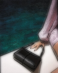 A woman sits on a sandy beach, one hand resting on a black handbag with structured lines and dual straps.