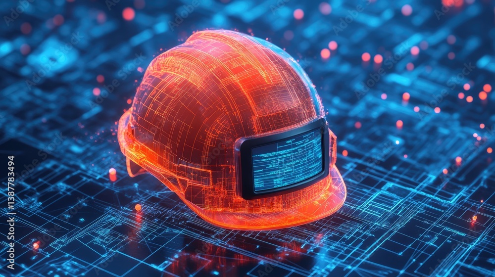 Poster smart construction helmet with hud and gps module placed on blueprint
