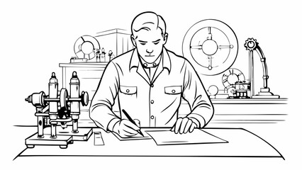 Illustration linear drawing of an Engineer explaining mechanical model for technical education