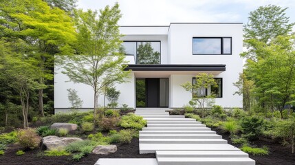 Fototapeta premium Modern minimalist house with clean lines and large windows, surrounded by lush greenery and stone pathway, and contemporary architecture design.