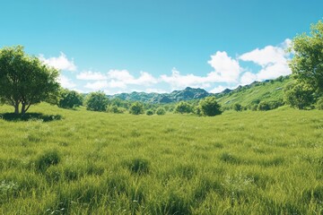 Fototapeta premium Green grass covers a hillside under a bright blue sky