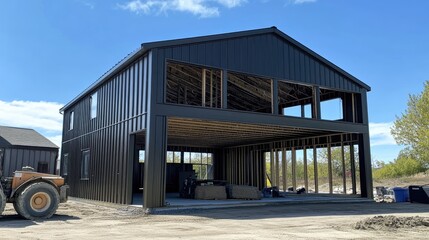 Fototapeta premium Steel frame structure in progress with beams, joints, and anchor bolts installed